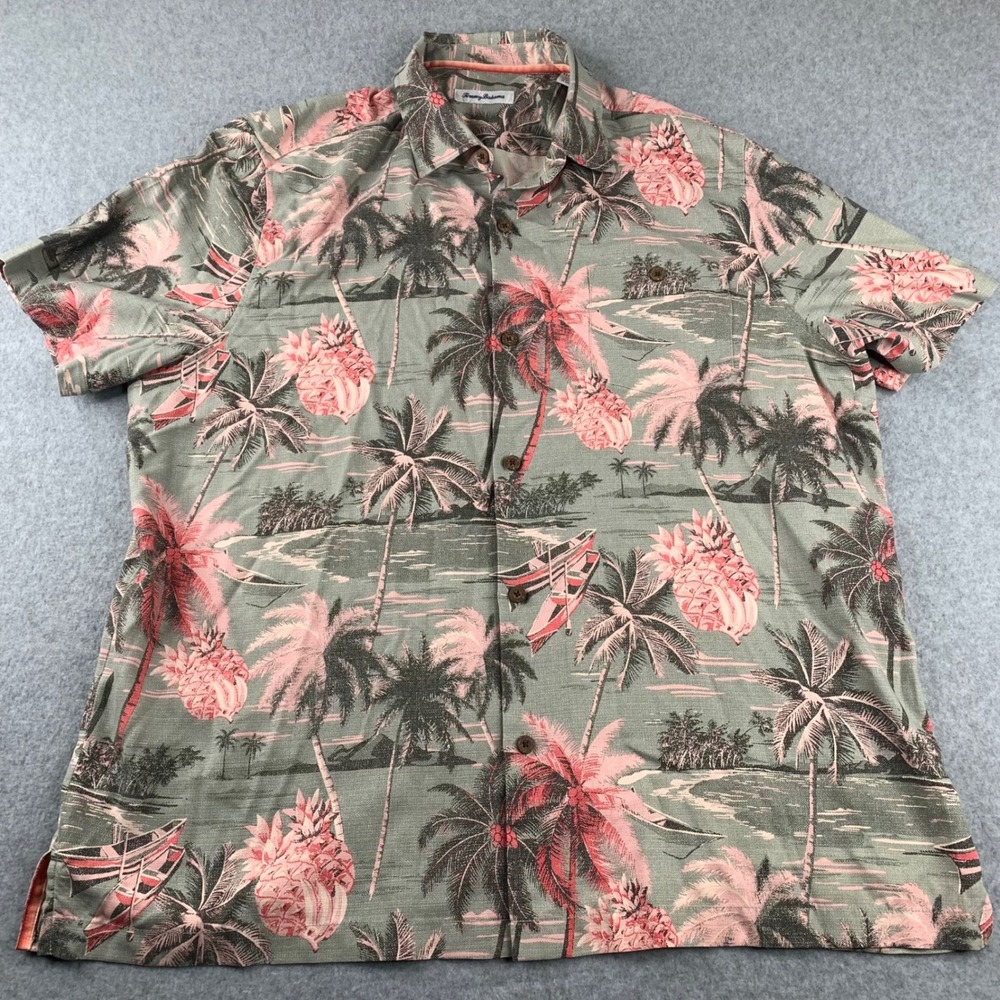 Tommy Bahama Button Up Shirt Mens XXL Green Pink Tropical Palm Pineapple Scenic